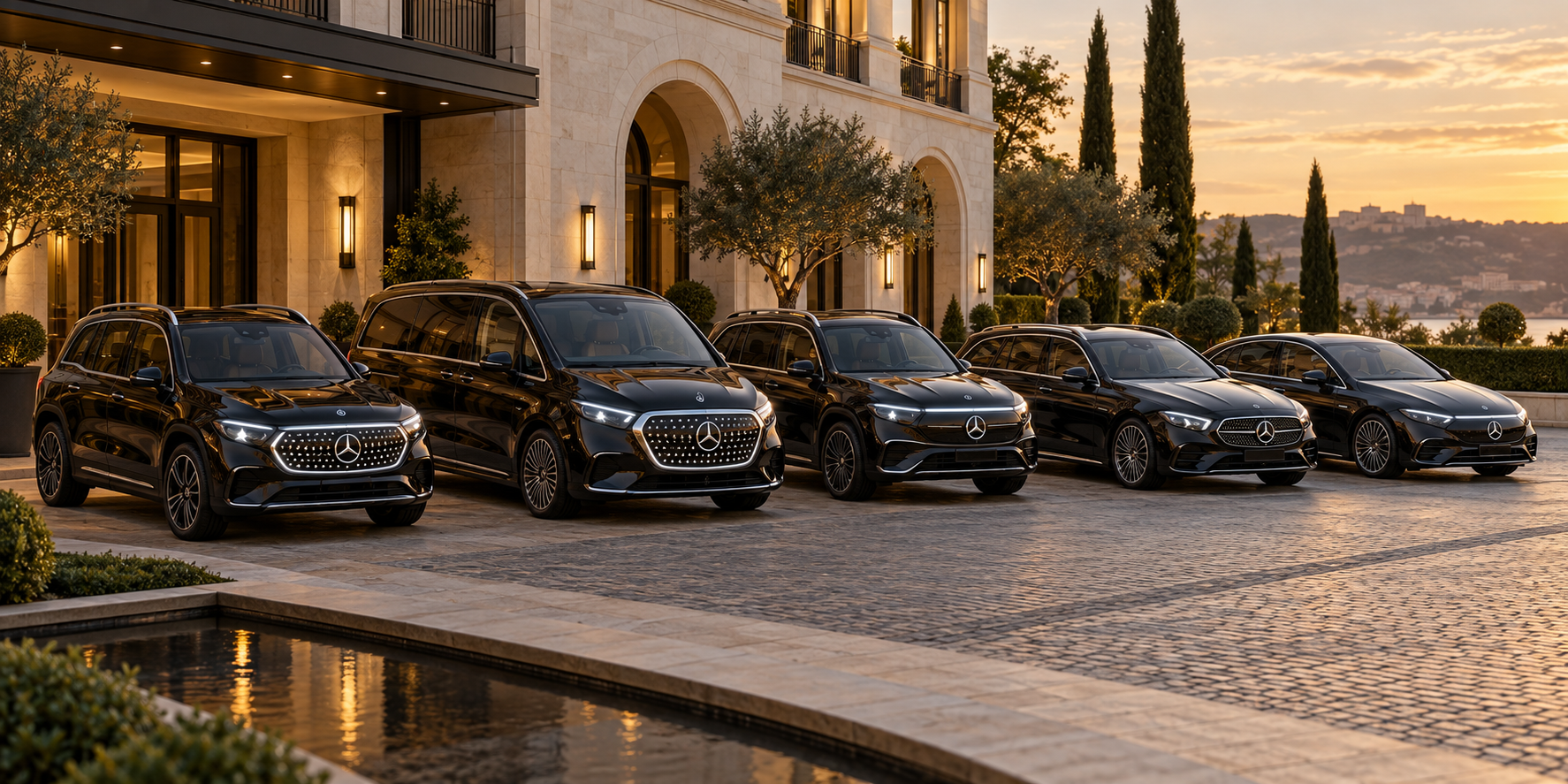 Fünf schräg geparkte Mercedes: GLB, VLE, EQB, E-Klasse Kombi und EQE — illustrative Darstellung
